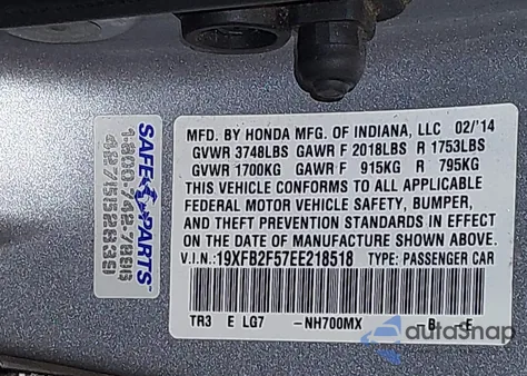 2014 Honda Civic Lx z USA, uszkodzony, nr VIN 19XFB2F57EE218518